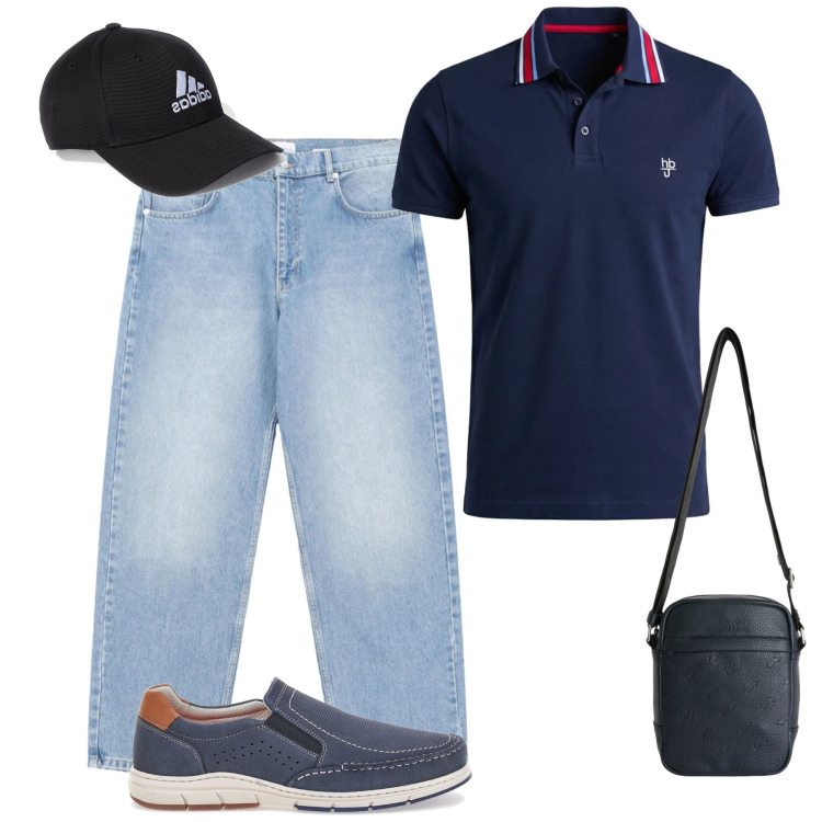 Outfit uomo - Casual Navy. Stile Urban per Tutti i giorni. Abbinamento con borse sportive, polo, jeans, cappelli con visiera, scarpe stringate.