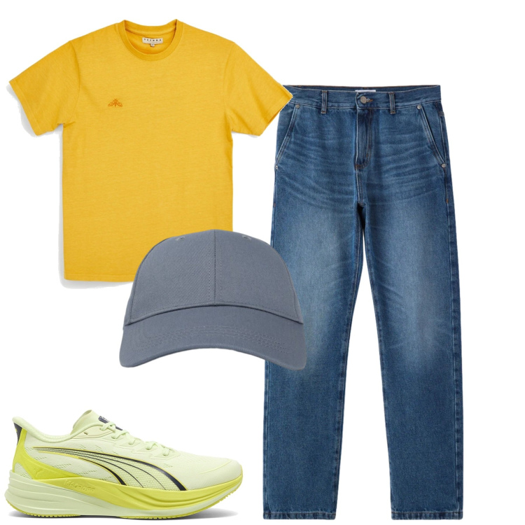 Outfit uomo - Total look #2394361. Stile Casual per Tutti i giorni. Abbinamento con cappelli con visiera, jeans dritti, t-shirt, sneakers.