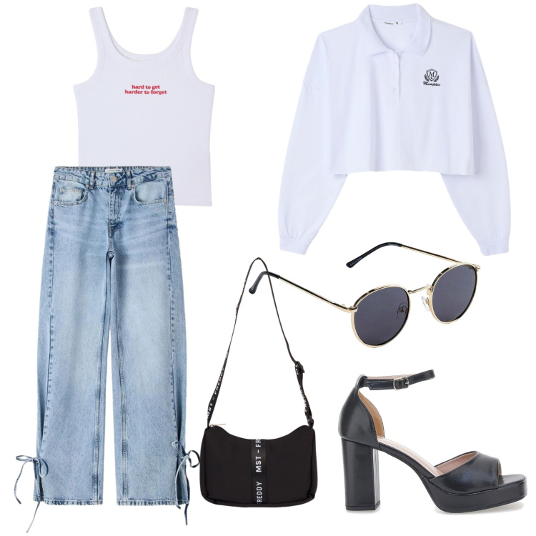 Outfit donna - Bianco e nero. Stile Trendy per Serata fuori. Abbinamento con occhiali da sole, jeans, polo, canottiere, borse a tracolla, décolleté.