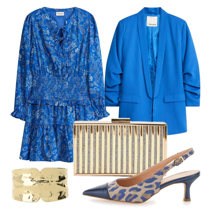 Outfit donna - L’abitino fantasia. Stile Chic per Serata fuori. Abbinamento con blazer, vestiti corti, braccialetti, clutch, décolleté.