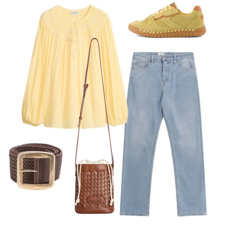 Outfit donna - Romantica in jeans. Stile Romantica per Tutti i giorni. Abbinamento con bluse, cinture, borse a secchiello, jeans, sneakers.