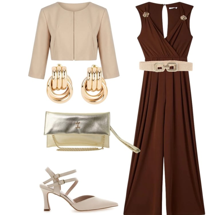 Outfit donna - Jumpsuit chic. Stile Chic per Cerimonia. Abbinamento con orecchini, tute, borse a tracolla, bolero, décolleté, cinture.