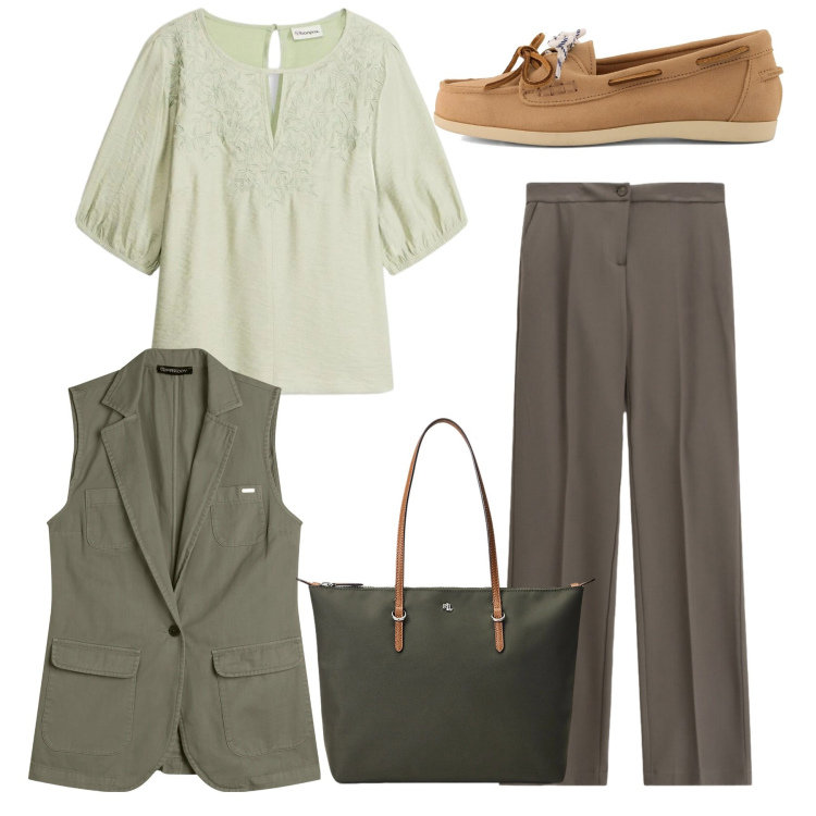 Outfit donna - Total job. Stile Bon Ton per Ufficio. Abbinamento con bluse, pantaloni, gilet, borse tote, mocassini.