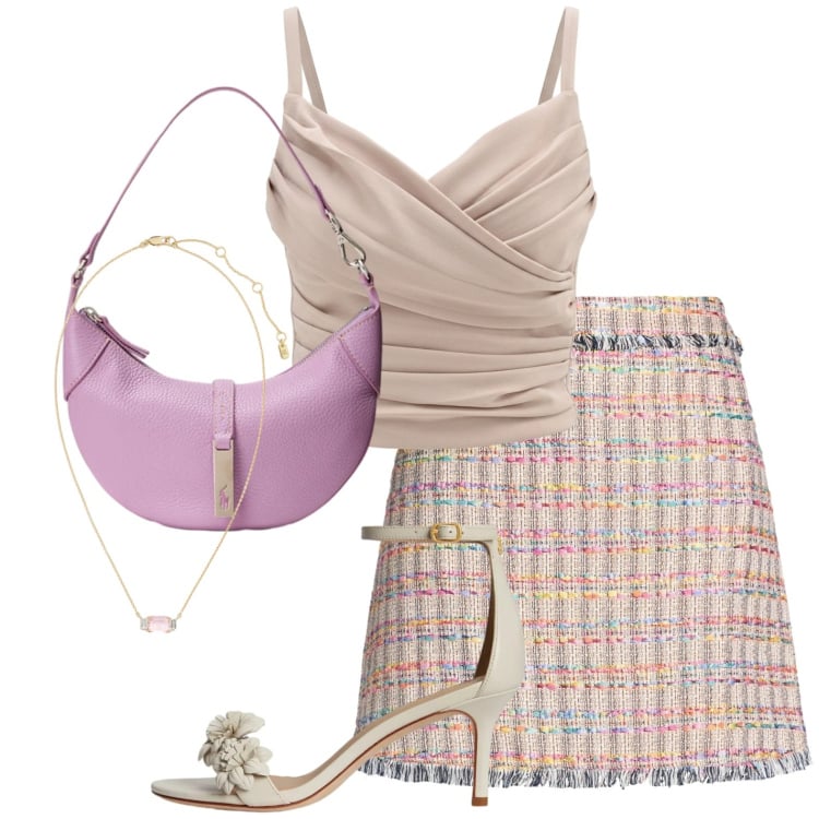 Outfit donna - Glicine nell\' aria. Stile Bon Ton per Serata fuori. Abbinamento con minigonne, canottiere, borse a spalla, sandali in pelle, collane.