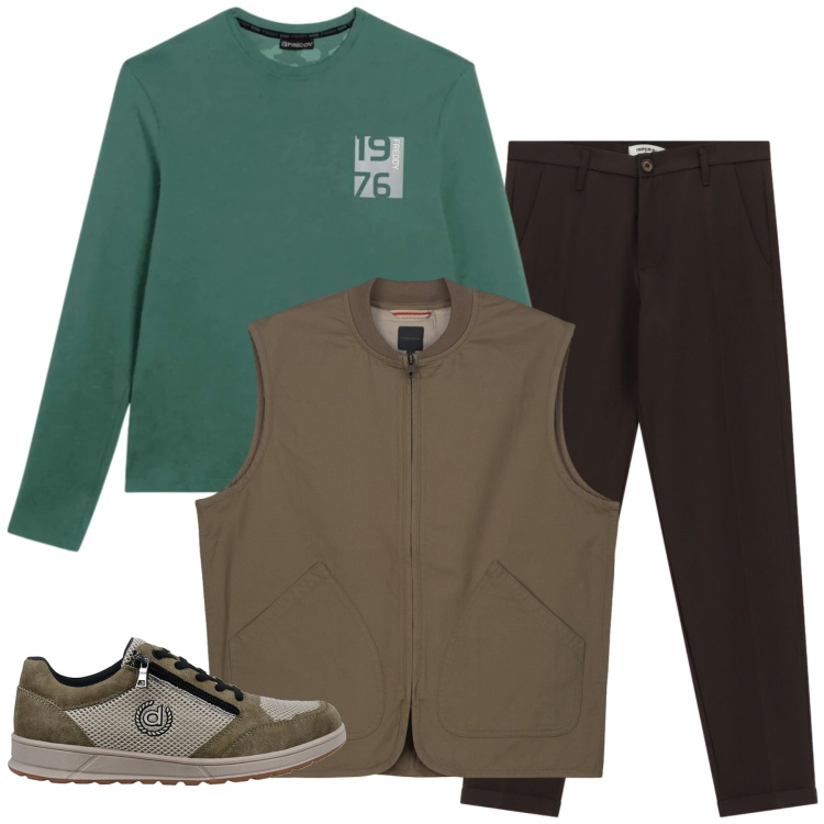 Outfit uomo - Urban Nature. Stile Urban per Tutti i giorni. Abbinamento con pantaloni, t-shirt, sneakers, gilet.