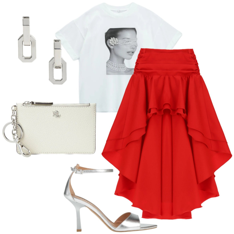Outfit donna - Gonna gitana. Stile Sexy per Serata fuori. Abbinamento con sandali in pelle, gonne lunghe, t-shirt, orecchini, portafogli.