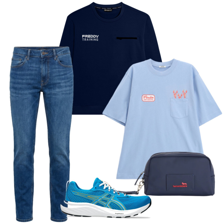 Outfit uomo - Blue Shades Sporty Casual. Stile Casual per Tutti i giorni. Abbinamento con t-shirt, borse sportive, jeans, felpe, sneakers.