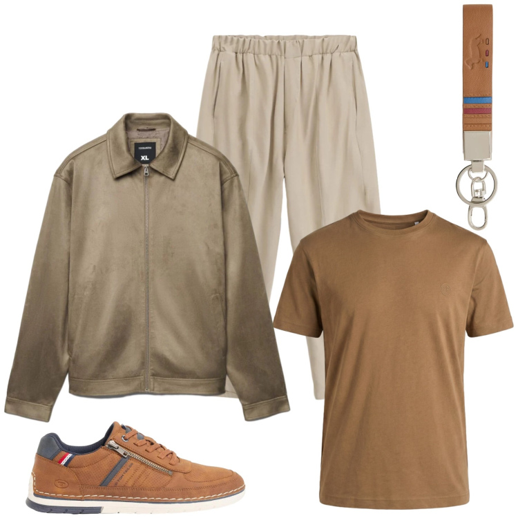 Outfit uomo - Earthy Tones Casual. Stile Urban per Tutti i giorni. Abbinamento con sneakers, giacche, pantaloni, portachiavi, t-shirt.