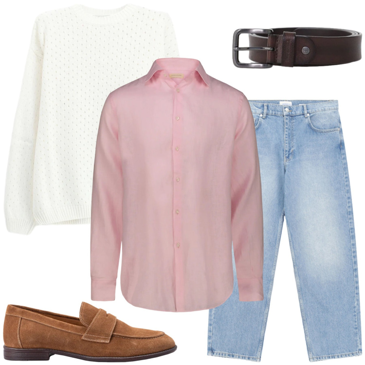Outfit uomo - Spring Smart Casual. Stile Trendy per Tutti i giorni. Abbinamento con jeans, cinture, maglieria, camicie, scarpe stringate.