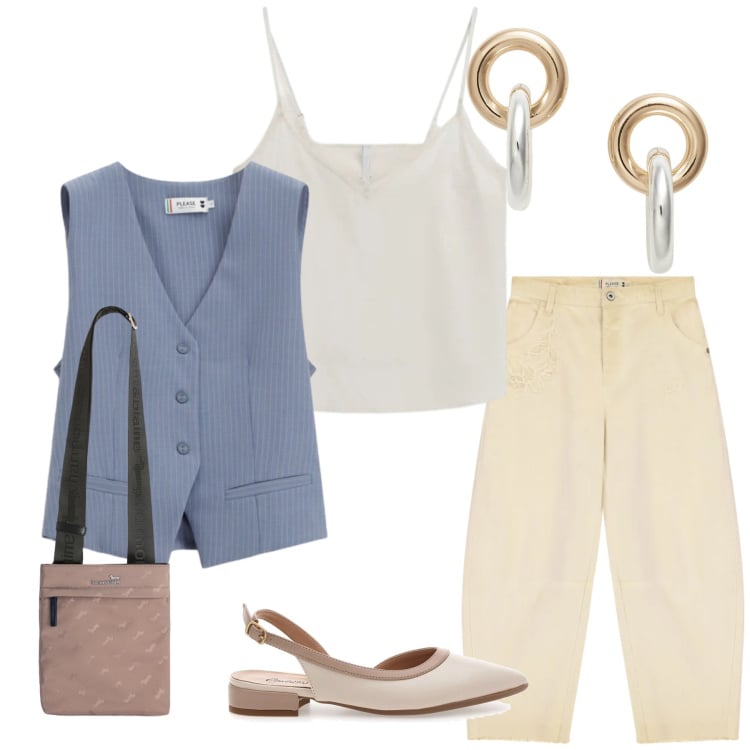 Outfit donna - Chic Tailoring. Stile Casual chic per Tutti i giorni. Abbinamento con borse a tracolla, gilet, pantaloni, canottiere, orecchini, ballerine.