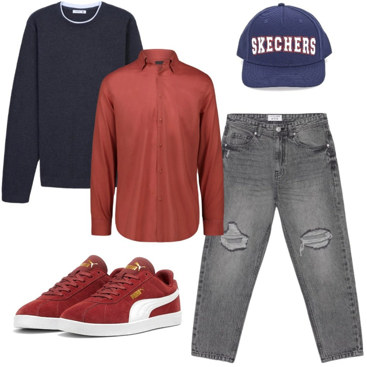 Outfit uomo - 26.Weekend. Stile Urban per Tutti i giorni. Abbinamento con maglieria, jeans strappati, cappelli, sneakers, camicie.