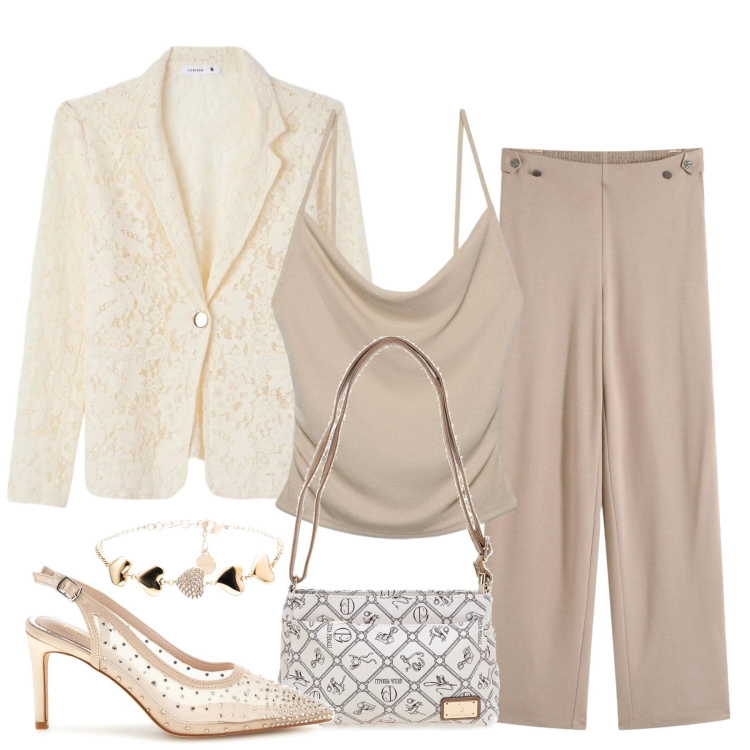 Outfit donna - Etereo e chic. Stile Chic per Tutti i giorni. Abbinamento con pantaloni, blazer, canottiere, braccialetti, borse a tracolla, décolleté.