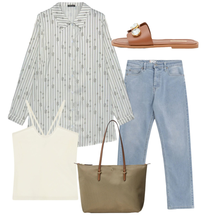 Outfit donna - Fine settimana. Stile Basic per Tutti i giorni. Abbinamento con jeans, canottiere, sandali gioiello, camicie, borse tote.