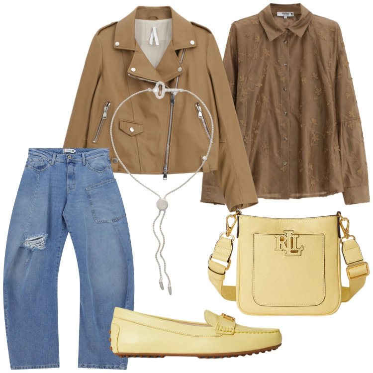 Outfit donna - Total look #2394387. Stile Trendy per Tutti i giorni. Abbinamento con jeans, camicie, giacche, mocassini, braccialetti, borse a tracolla.