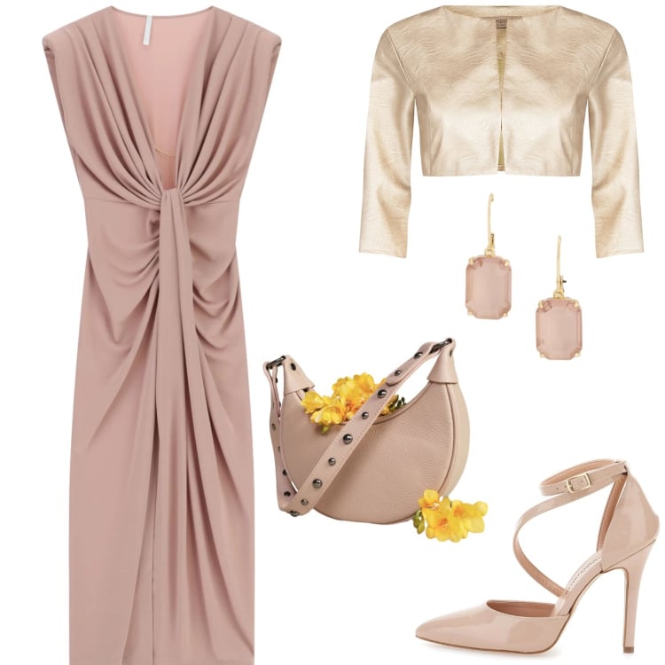 Outfit donna - Peach Blush total look. Stile Chic per Serata fuori. Abbinamento con vestiti lunghi, bolero, borse a spalla, orecchini, décolleté.