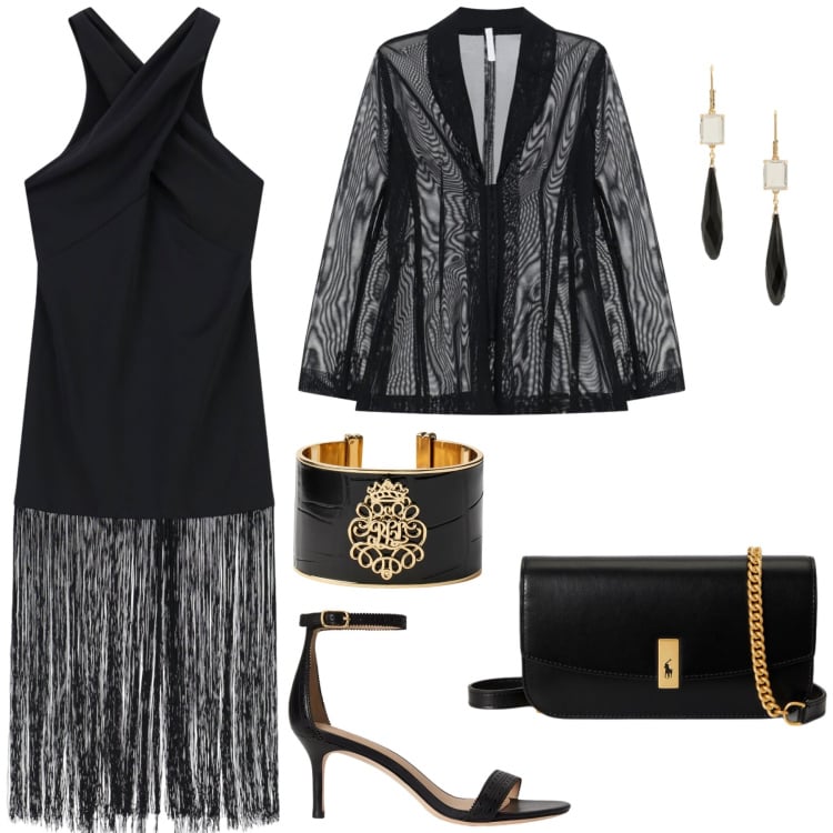 Outfit donna - Ritorno delle frange. Stile Chic per Cerimonia. Abbinamento con vestiti lunghi, blazer, clutch, orecchini, braccialetti, sandali in pelle.
