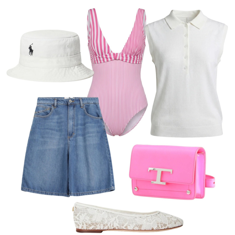 Outfit donna - Direzione estate. Stile Trendy per Mare. Abbinamento con marsupi, costumi interi, polo, bermuda, ballerine, cappelli con visiera.