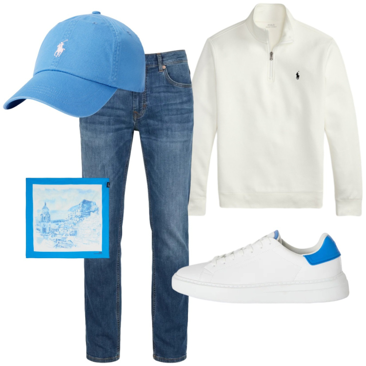 Outfit uomo - In costiera. Stile Trendy per Tutti i giorni. Abbinamento con sneakers, jeans, sciarpe, cappelli, pullovers.