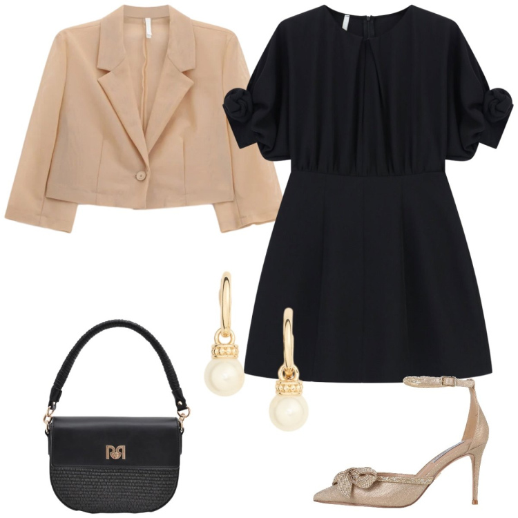 Outfit donna - Serata fuori. Stile Chic per Serata fuori. Abbinamento con décolleté, vestiti corti, blazer, borse a spalla, orecchini.