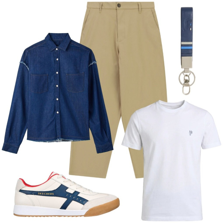 Outfit uomo - 27. Camicia in denim. Stile Trendy per Tutti i giorni. Abbinamento con camicie, portachiavi, t-shirt, pantaloni, sneakers.
