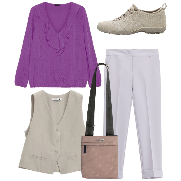 Outfit donna - Every day. Stile Bon Ton per Tutti i giorni. Abbinamento con sneakers, borse a tracolla, gilet, pantaloni, bluse.