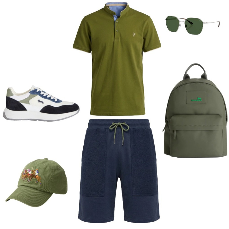 Outfit uomo - 30. Pic nic. Stile Urban per Tutti i giorni. Abbinamento con sneakers, borse sportive, pantaloni corti, polo, cappelli, occhiali da sole.