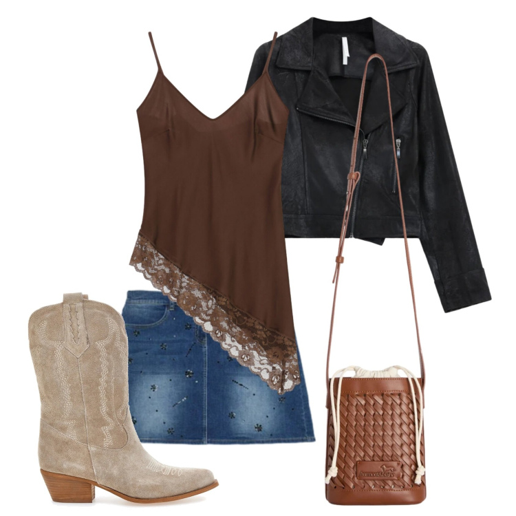 Outfit donna - Il denim diventa boho chic. Stile Boho per Tutti i giorni. Abbinamento con borse a secchiello, top, giacche, minigonne, stivaletti texani.