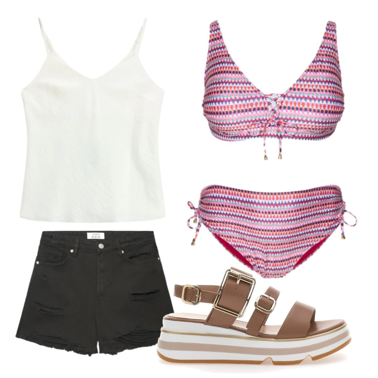 Outfit donna - Week end al mare. Stile Sporty chic per Mare. Abbinamento con shorts, canottiere, bikini, sandali.