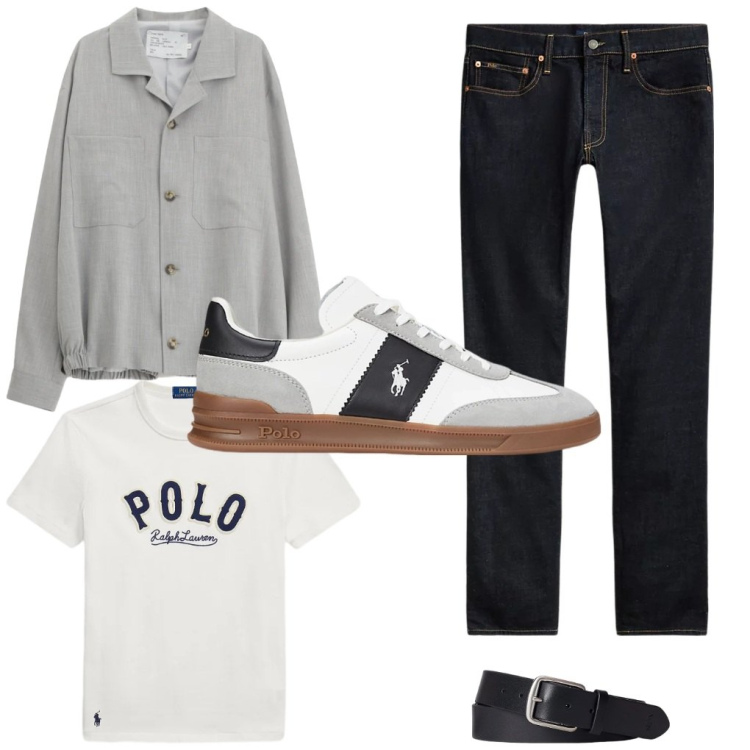 Outfit uomo - 33. Con lei. Stile Trendy per Tutti i giorni. Abbinamento con cappotti, cinture, jeans, sneakers, t-shirt.