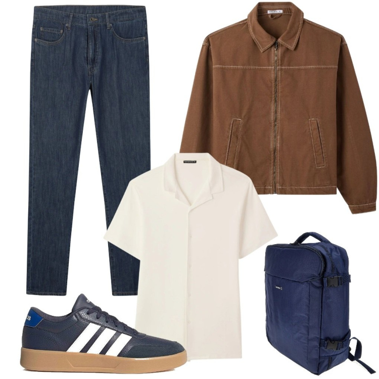 Outfit uomo - 34. Università. Stile Trendy per Tutti i giorni. Abbinamento con camicie a manica corta, cappotti, jeans, sneakers, borse sportive.