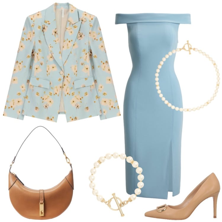 Outfit donna - Pranzo in città. Stile Chic per Tutti i giorni. Abbinamento con décolleté, blazer, vestiti a tubino, collane, braccialetti, borse a spalla.