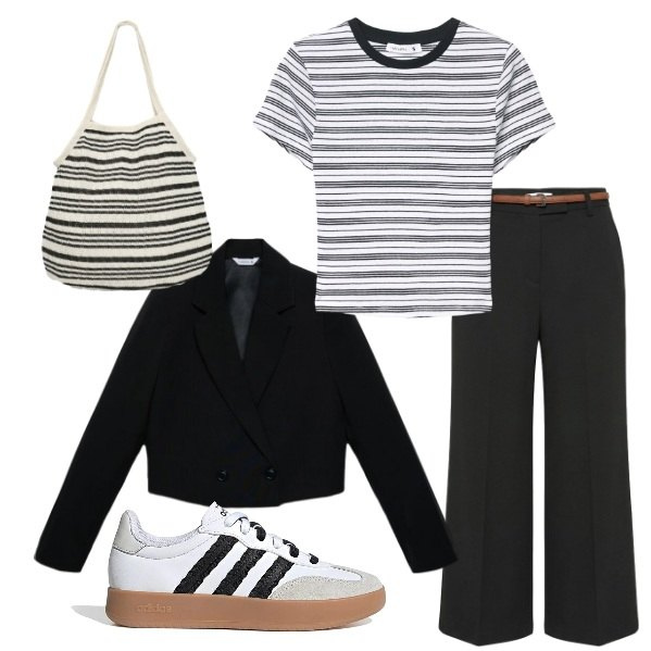 Outfit donna - Oggi righe. Stile Basic per Tutti i giorni. Abbinamento con pantaloni, blazer, t-shirt, shopping bag, sneakers.