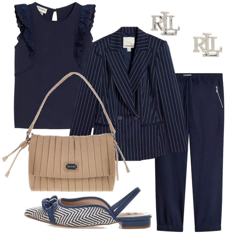 Outfit donna - La giacca gessata. Stile Bon Ton per Ufficio. Abbinamento con pantaloni, blazer, canottiere, orecchini, ballerine, pochette.