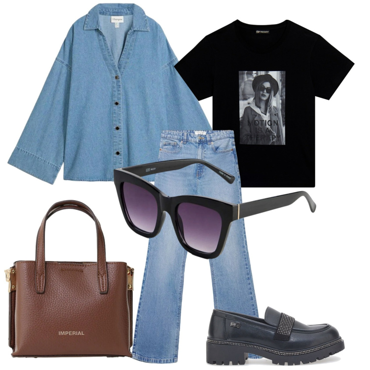 Outfit donna - Wild & free- fuori dagli schemi. Stile Mannish per Tutti i giorni. Abbinamento con occhiali da sole, camicie, jeans bootcut, borse a tracolla, t-shirt, mocassini.