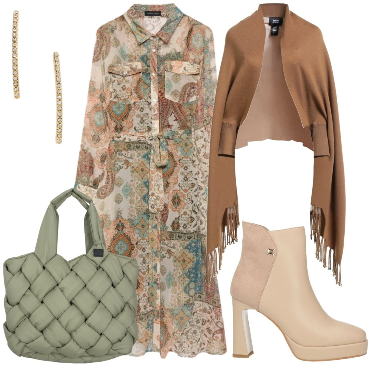 Outfit donna - L’abito midi fantasia. Stile Boho per Serata fuori. Abbinamento con cappe, stivaletti, vestiti chemisier, borse tote, orecchini.