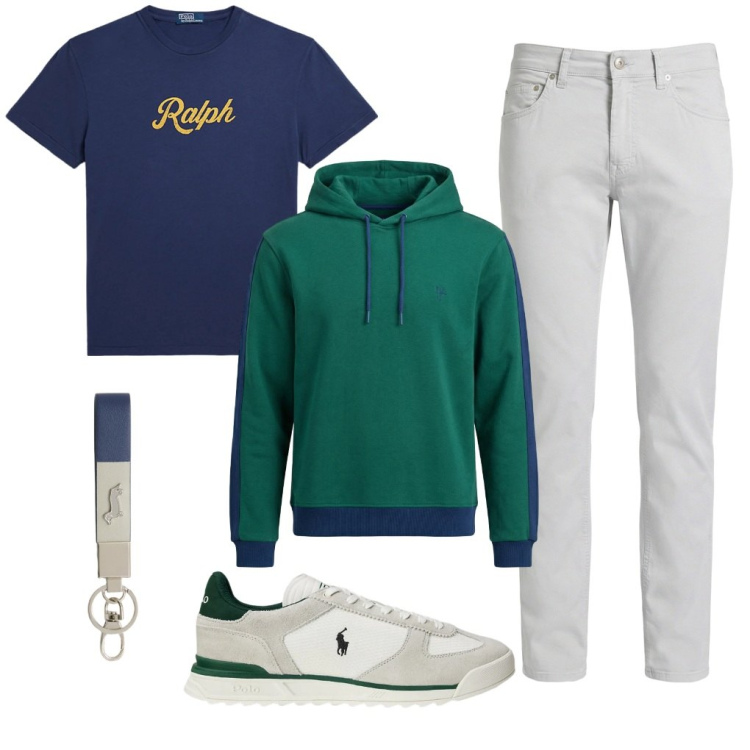 Outfit uomo - 36. Con il cappuccio. Stile Trendy per Tutti i giorni. Abbinamento con portachiavi, pantaloni, felpe con cappuccio, t-shirt, sneakers.