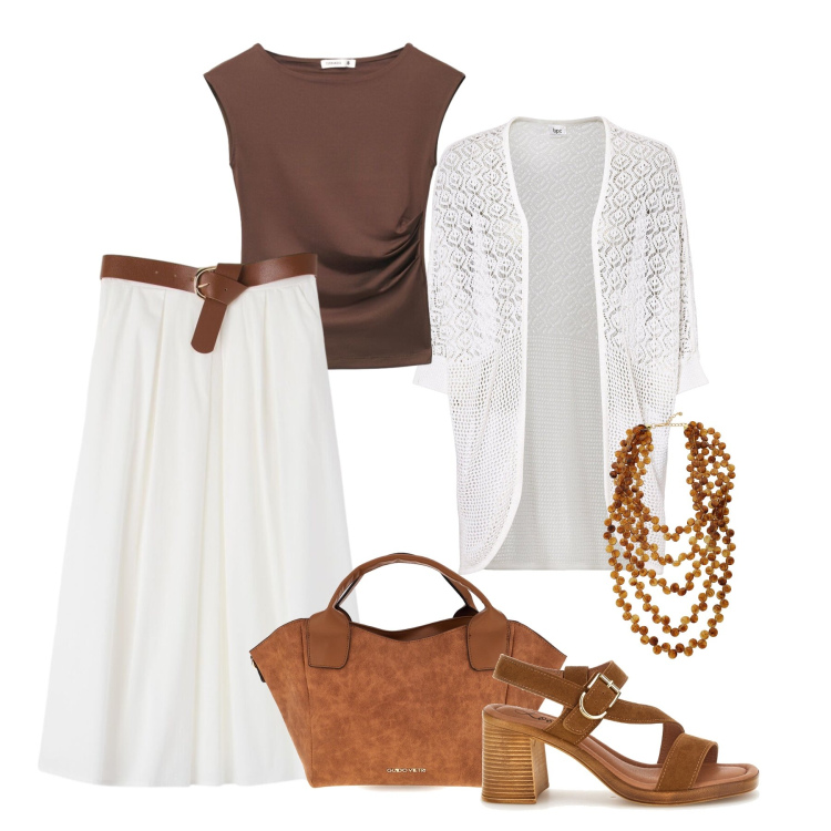 Outfit donna - Bianco e marrone!. Stile Trendy per Tutti i giorni. Abbinamento con cardigans, t-shirt, gonne longuette, collane, sandali col tacco, borse a mano.