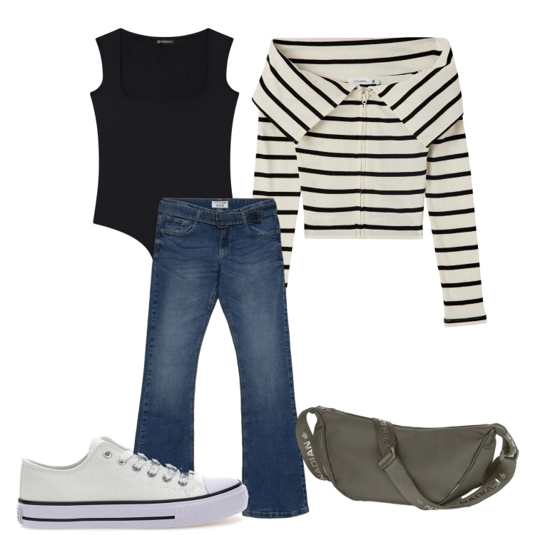 Outfit donna - Sporty chic. Stile Sporty chic per Scuola/Università. Abbinamento con jeans a zampa, felpe, borse a tracolla, top, sneakers.