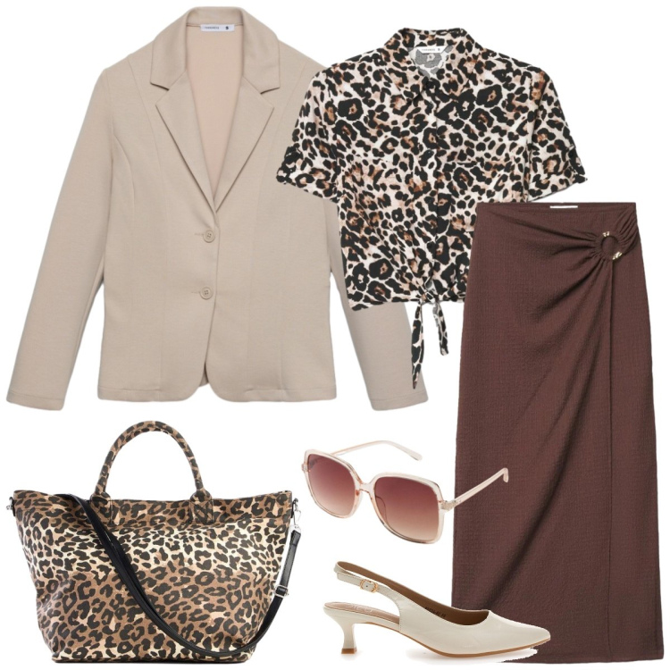 Outfit donna - In città. Stile Casual chic per Tutti i giorni. Abbinamento con occhiali da sole, shopping bag, gonne lunghe, blazer, camicie a manica corta, décolleté.