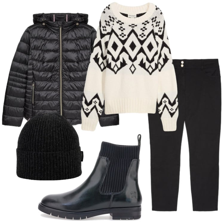 Outfit donna - Total look #2394438. Stile Casual per Tutti i giorni. Abbinamento con maglieria, pantaloni skinny, piumini, berretti, stivaletti.
