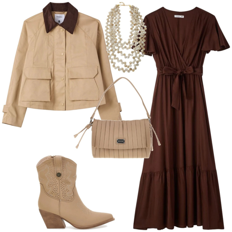 Outfit donna - Boho ufficio tempo libero. Stile Boho per Tutti i giorni. Abbinamento con vestiti lunghi, cappotti, collane, stivaletti texani, pochette.