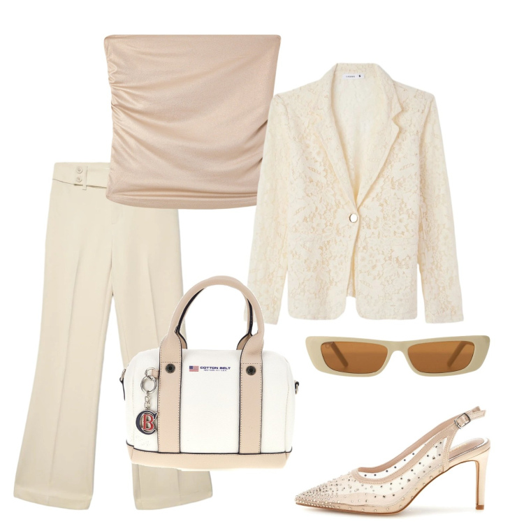 Outfit donna - Sofisticata in beige. Stile Glamour per Cerimonia. Abbinamento con top, pantaloni, blazer, occhiali da sole, décolleté, borse a mano.