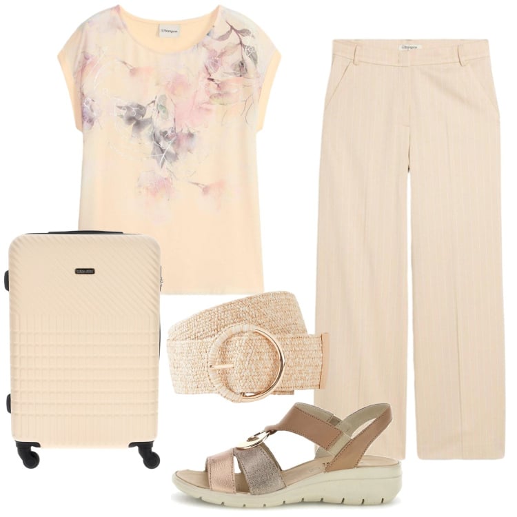 Outfit donna - Total look #2394447. Stile Romantica per Tutti i giorni. Abbinamento con pantaloni, t-shirt, cinture, sandali, valigie.