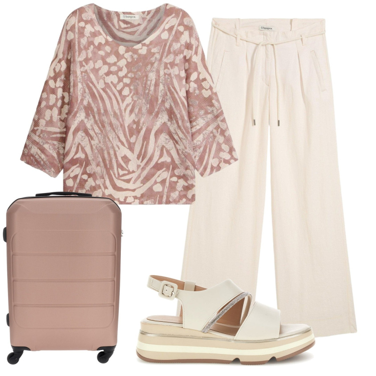 Outfit donna - Total look #2394452. Stile Basic per Tutti i giorni. Abbinamento con pantaloni, t-shirt, sandali col tacco, valigie.