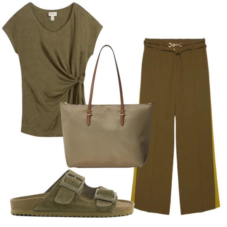 Outfit donna - Total look #2394454. Stile Basic per Ufficio. Abbinamento con t-shirt, pantaloni, borse tote, sandali in pelle.