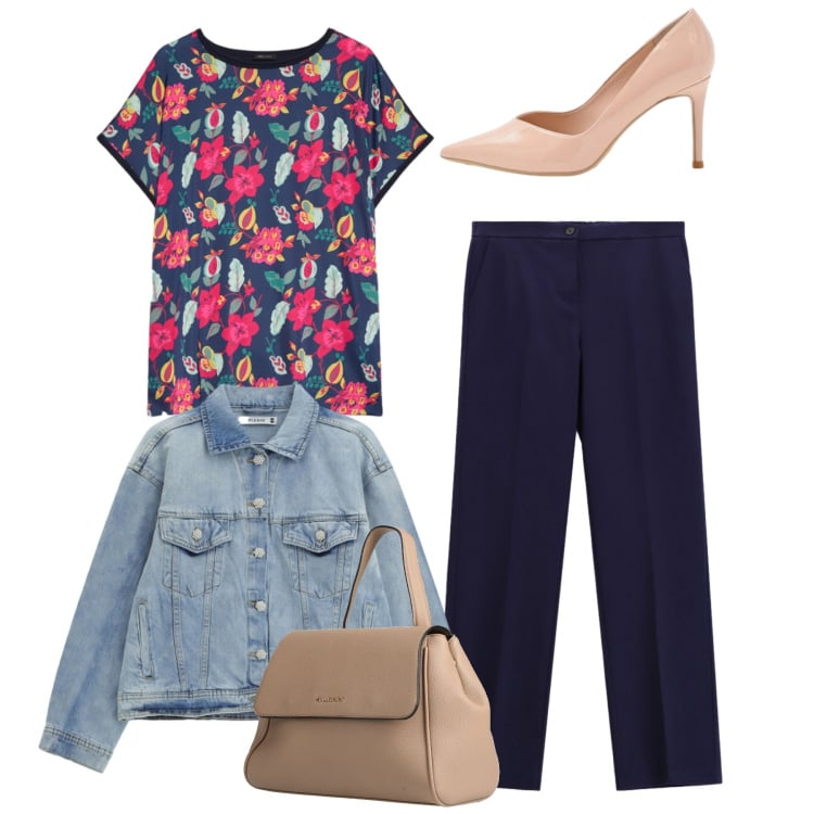 Outfit donna - Total flowers. Stile Casual chic per Ufficio. Abbinamento con zaini, pantaloni, blazer, décolleté, maglieria.