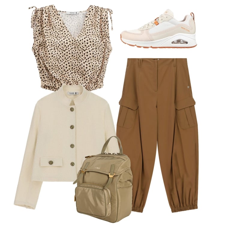 Outfit donna - Total look. Stile Casual per Tutti i giorni. Abbinamento con zaini, pantaloni cargo, top, cappotti, sneakers alte.