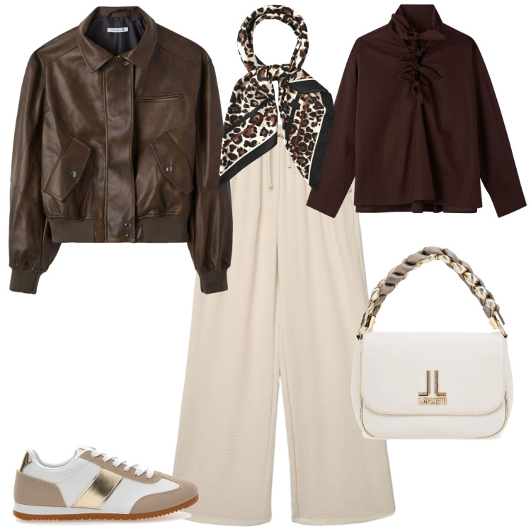 Outfit donna - Casual chic ufficio tempo libero. Stile Casual chic per Tutti i giorni. Abbinamento con bluse, foulard, pantaloni, giacche, borse a tracolla, sneakers.