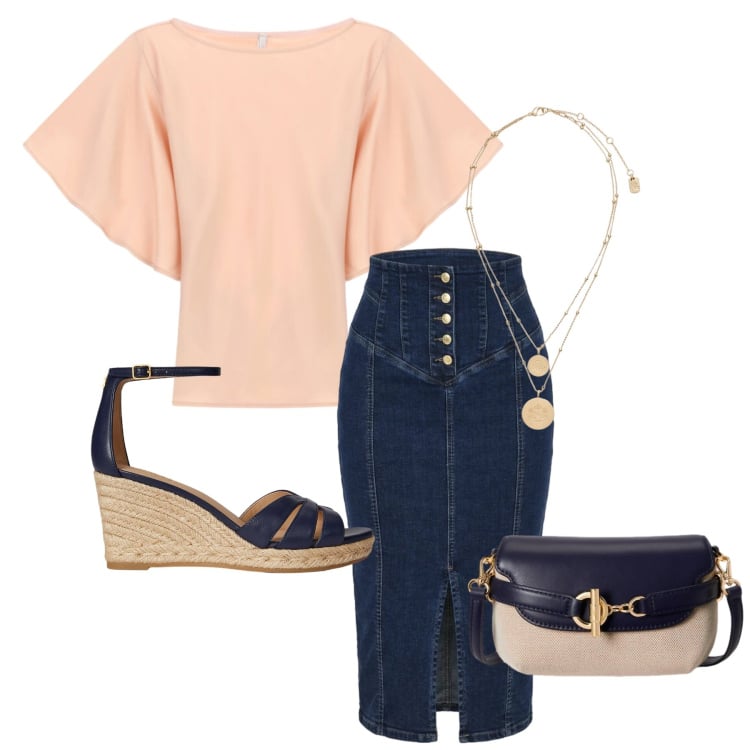 Outfit donna - Total look #2394460. Stile Glamour per Serata fuori. Abbinamento con t-shirt, gonne longuette, zeppe, borse a tracolla, ciondoli.