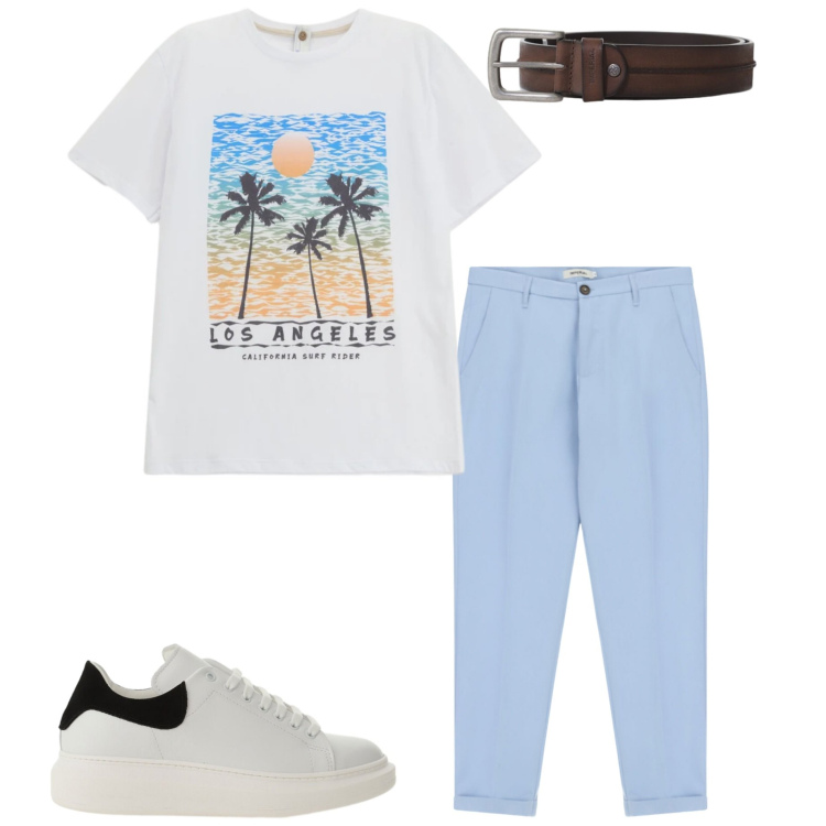 Outfit uomo - Los Angeles. Stile Casual per Tutti i giorni. Abbinamento con t-shirt, sneakers, cinture, pantaloni.